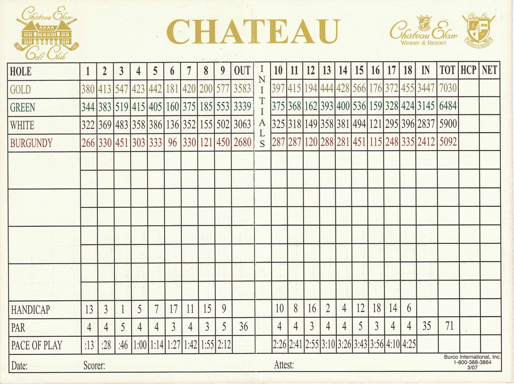 Actual Scorecard for Chateau Elan Golf Club Chateau Course Database