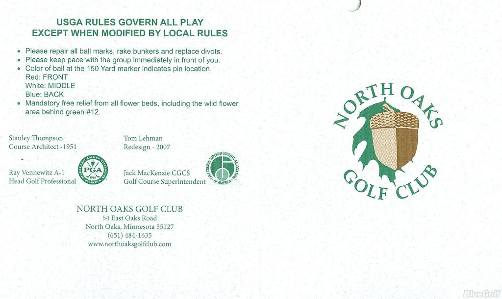 Actual Scorecard for North Oaks Golf Club