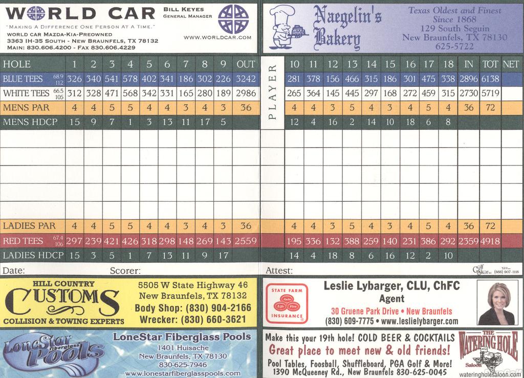 Actual Scorecard for Landa Park Golf Course