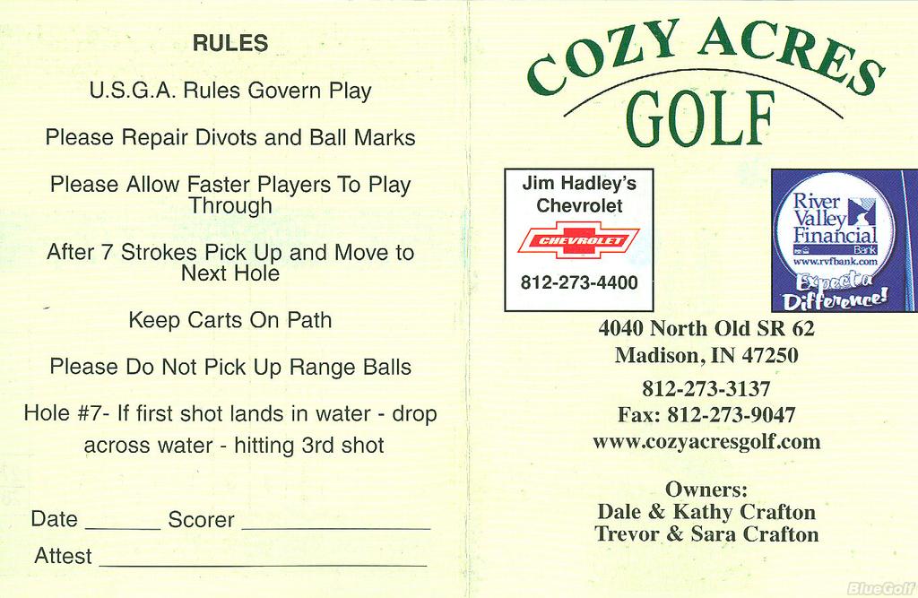 Cozy Acres Golf Club Course Profile Course Database