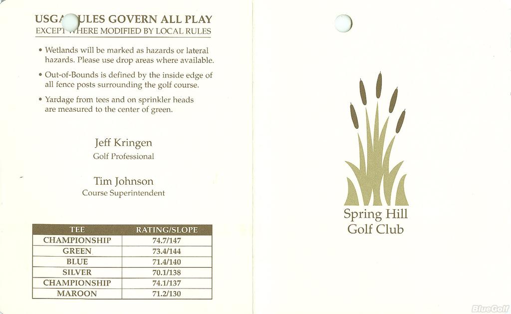 spring hill golf club scorecard